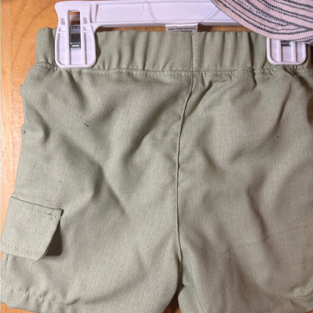 Little Lad 3 Piece |Striped Shirt and Green Shorts Set with Hat - Picture 5 of 6